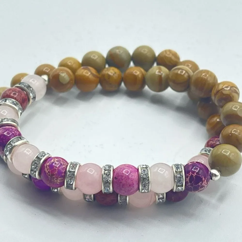 Rose quartz rose imperial jasper wood grain beaded stretch bracelet ONE NEW crys